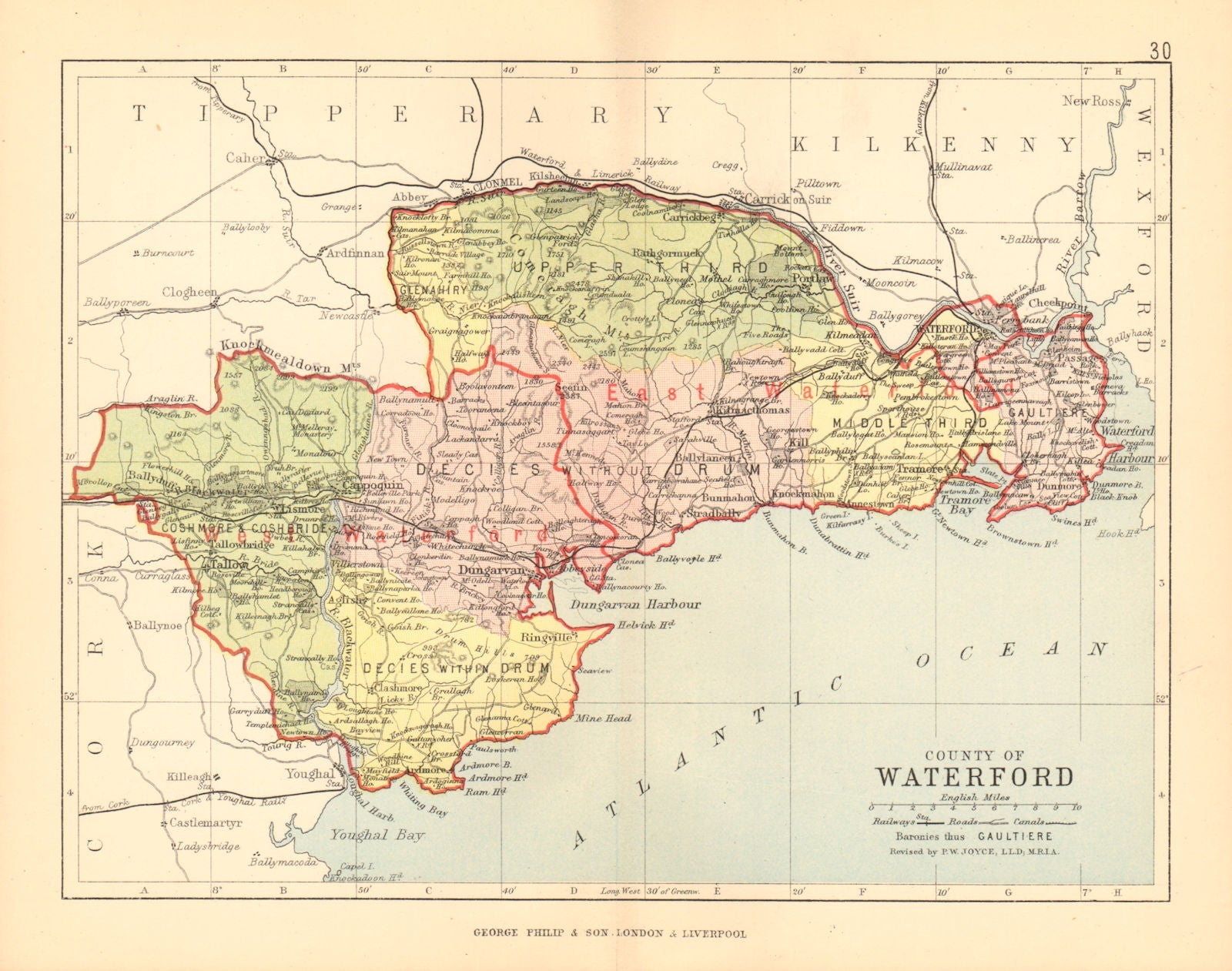 COUNTY WATERFORD. Antique county map. Munster. Ireland. BARTHOLOMEW 1886